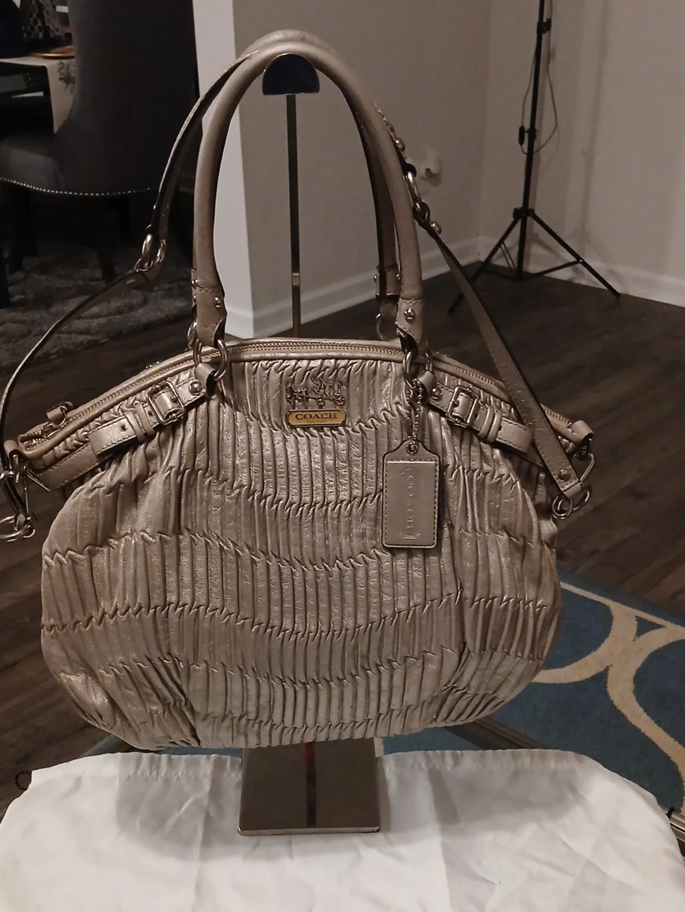 Coach Metallic Silver Gathered Leather Shoulder Bag